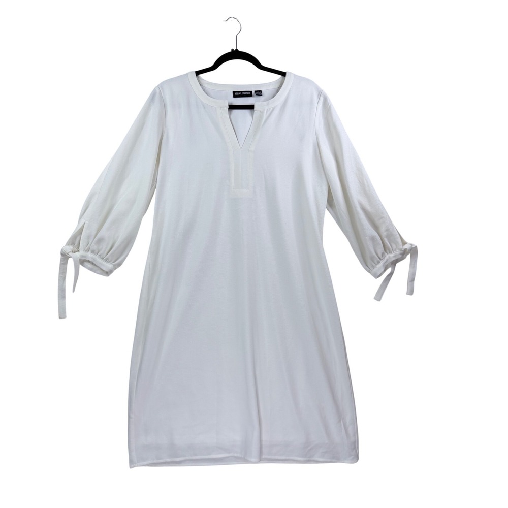 Nina Leonard Womens White Crepe Shift Dress Tie Sleeve Split V-Neck Large - Picture 2 of 12